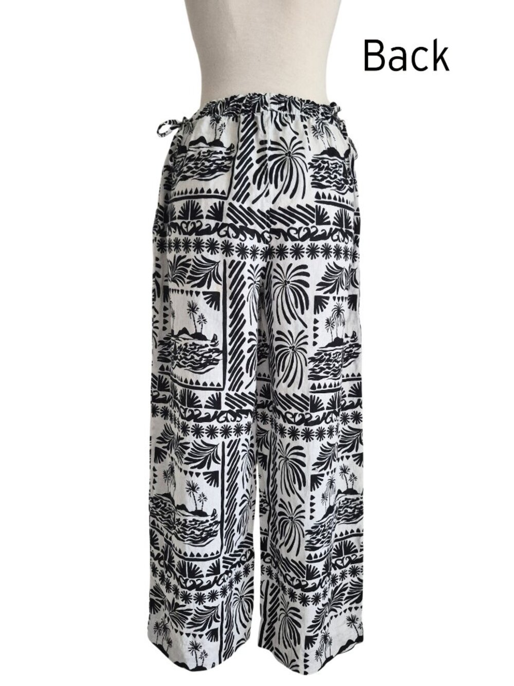 Rachel Zoe Linen Tropical BW Tribal Print Wide Leg Pants Pull on Drawstring M - Picture 2 of 13